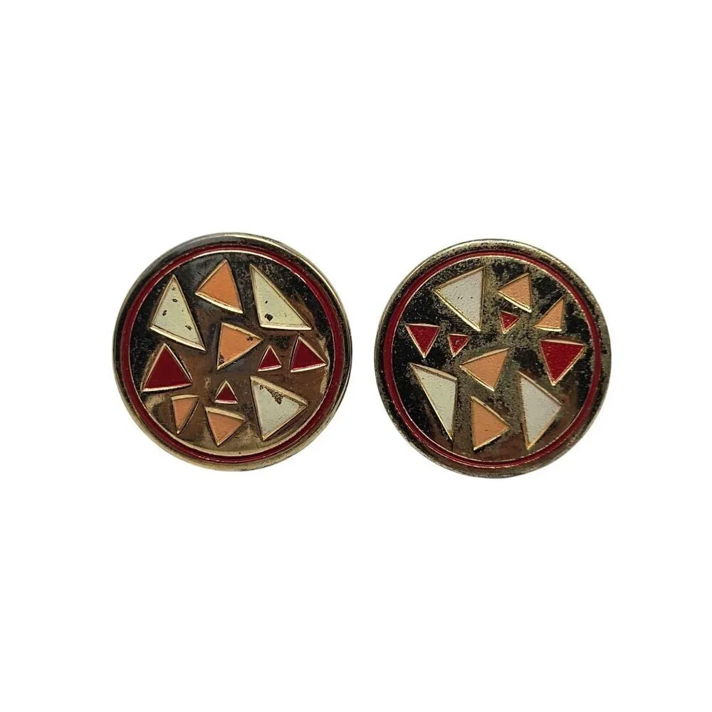 Vintage Gold Tone Cufflinks With Geometric Pink Cream Enamel Design